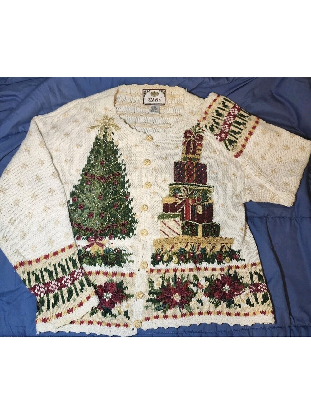Vintage Tiara International Women's Cream Cardigan Christmas Sweater Medium
